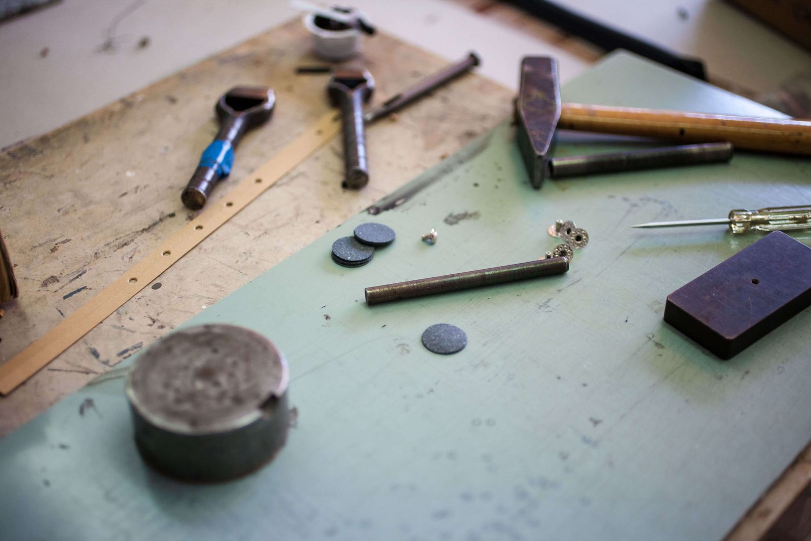 Leatherworking tools on the bench